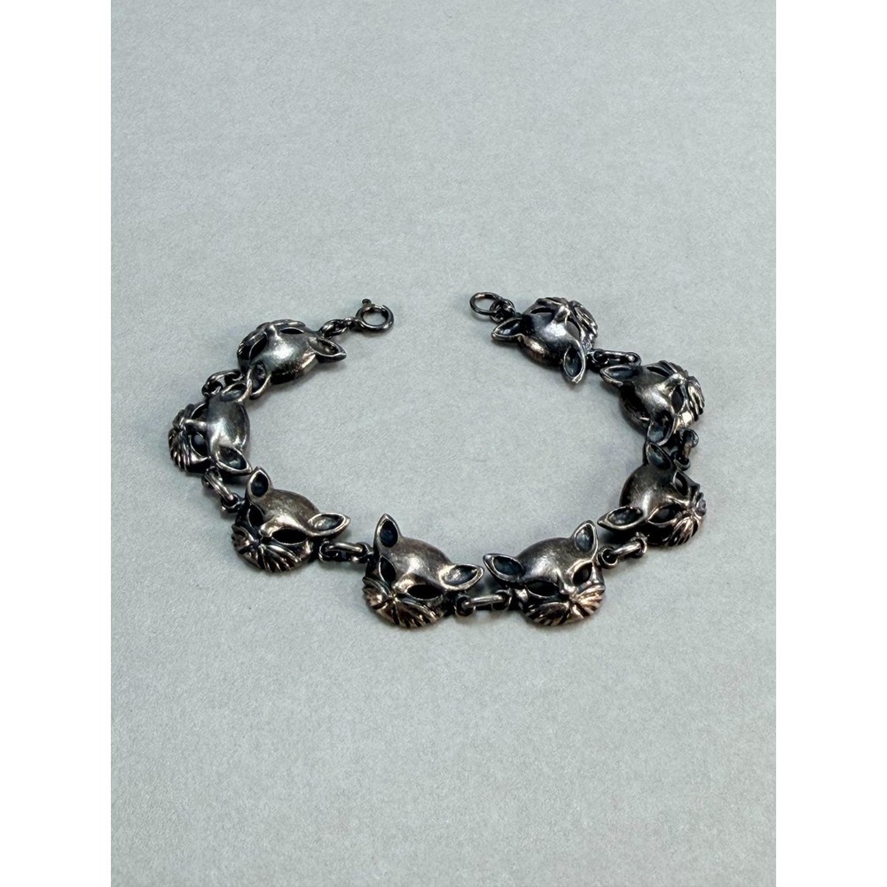 Gorgeous Vintage Sterling Silver 925 Cat Head Link Charm Bracelet 7 Inch